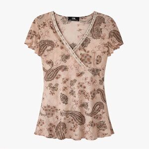 Sheer Paisley Wrap Top Flutter Sleeve